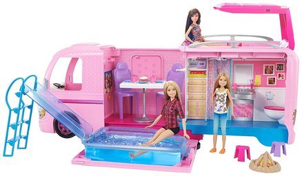 Barbie Campingwagen mit drei Puppen und Pool